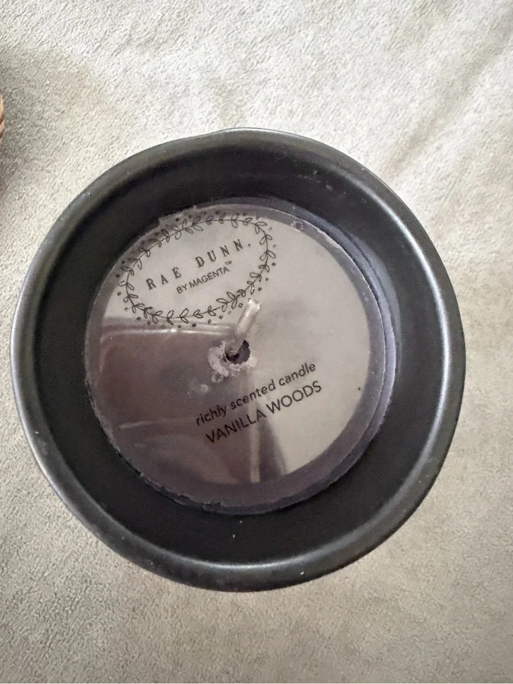 8.7 oz Rae Dunn black Ceramic Jar Candle With Wood Lid HOME, vanilla woods RARE